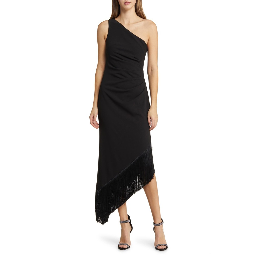 Vince Camuto Womens‎ One Shoulder Asymmetrical Fringe Hem Midi Dress Black New
